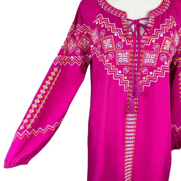 Savanna Jane Bright Pink Embroidered Long Sleeve Mini Western Shift Dress - Picture 9 of 13